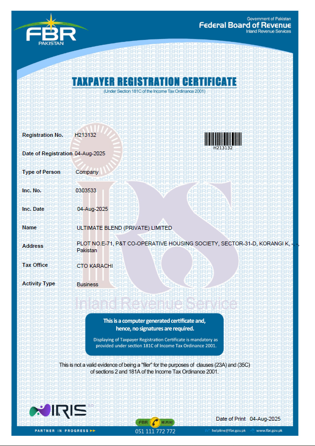 Ultimate Blend National Tax Number Certificate